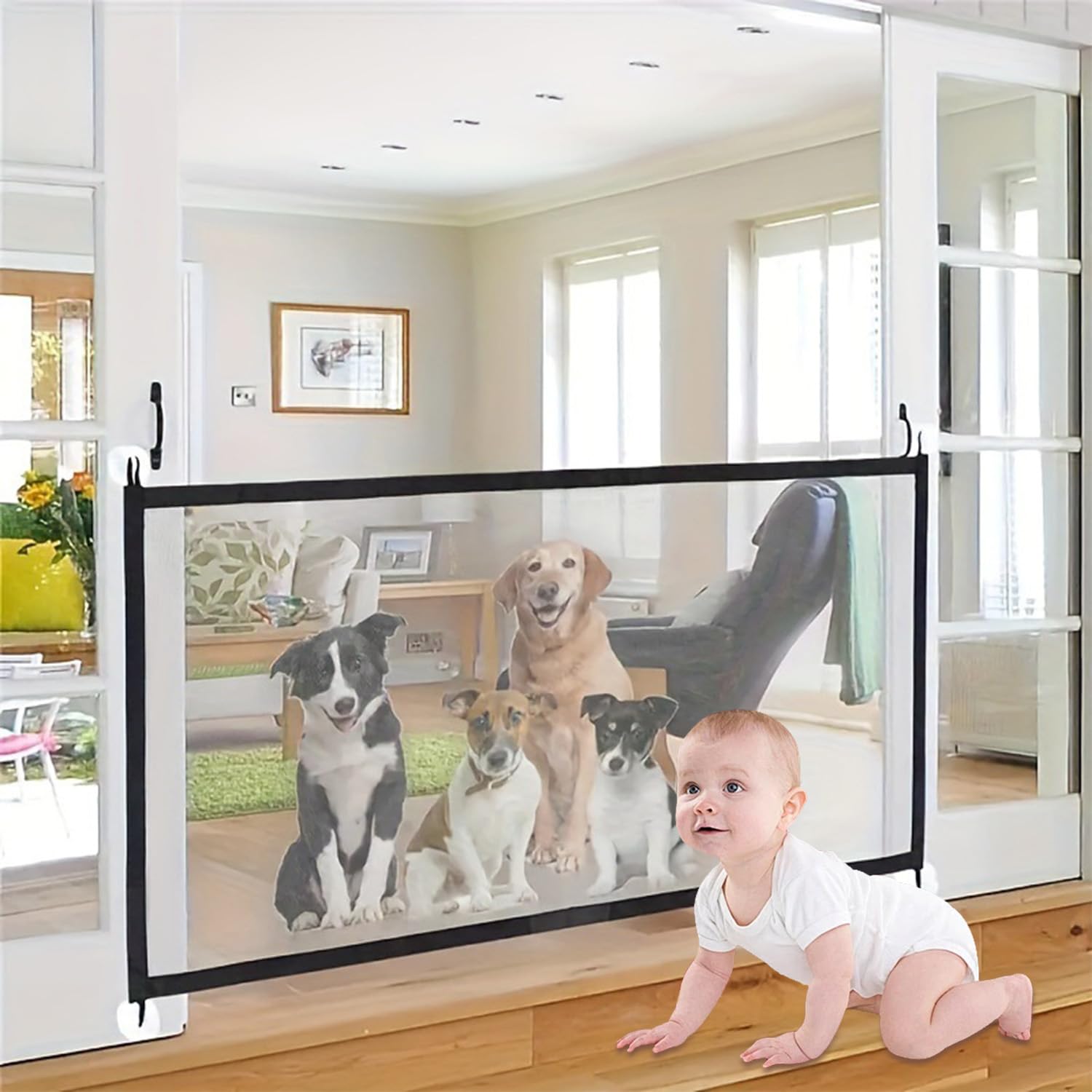 Cipszoely Stair Gates for Dogs, 180x72cm Portable Mesh Safety Gate Suitable for Smooth Surface