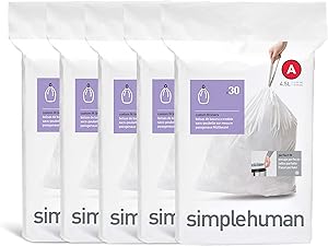 simplehuman Code A Custom Fit Drawstring Trash Bags, 4.5 Liter / 1.2 Gallon, 150 Pack, White