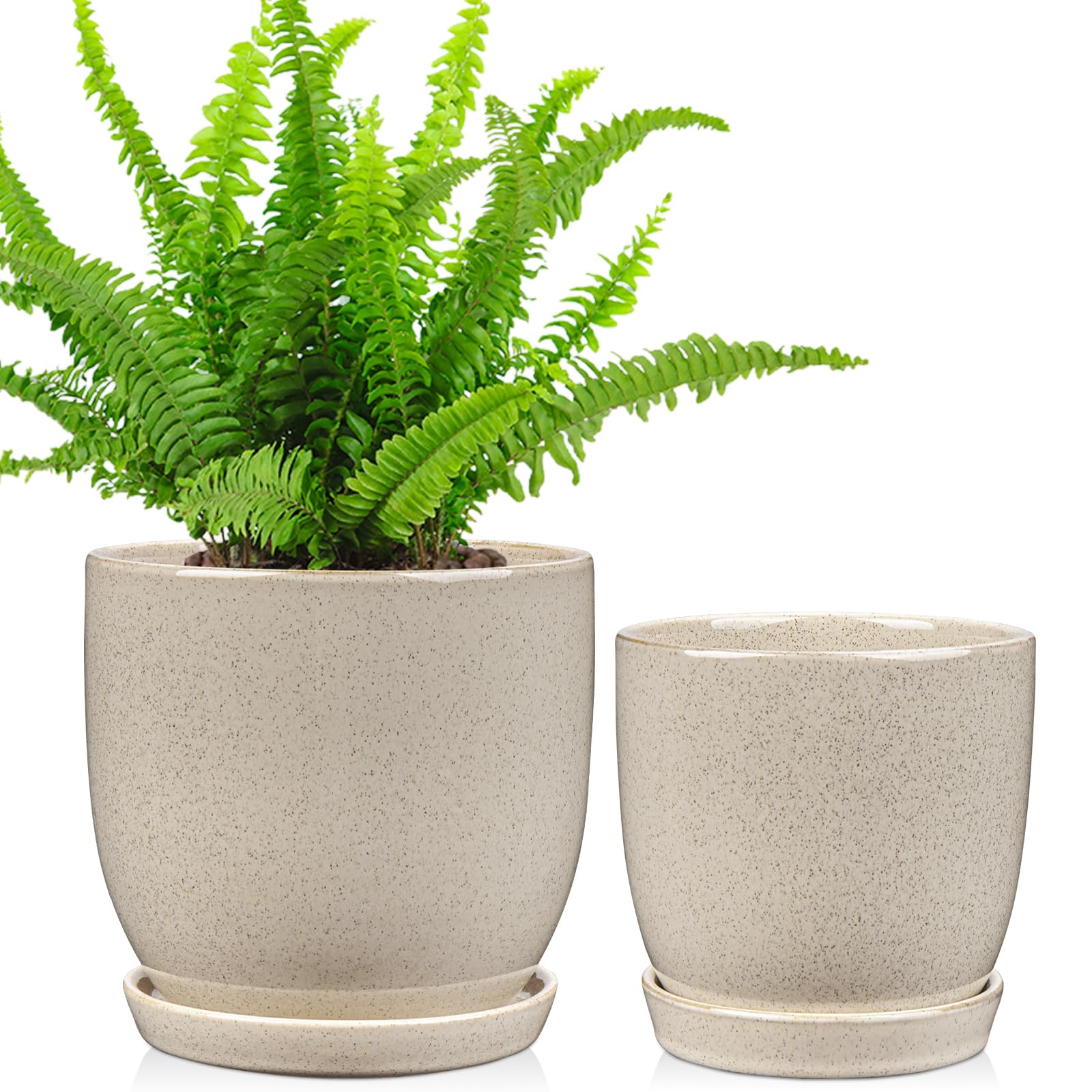 Oairse Set of 2 Ceramic Plant Pots 12CM 15CM Indoor Ceramic Planter with Drainage Holes and Saucers Tray Decorative Flower Pots Garden Pot for Succulent Cactus House Plants