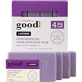 Alaffia Good Soap Bar Value Pack, Lavender, 4 Bars + Trial-Size Bar | Long-Lasting Triple-Milled Shea Butter Bar Soap, Fair Trade Lavender Cleansing Bars for Face &amp; Body