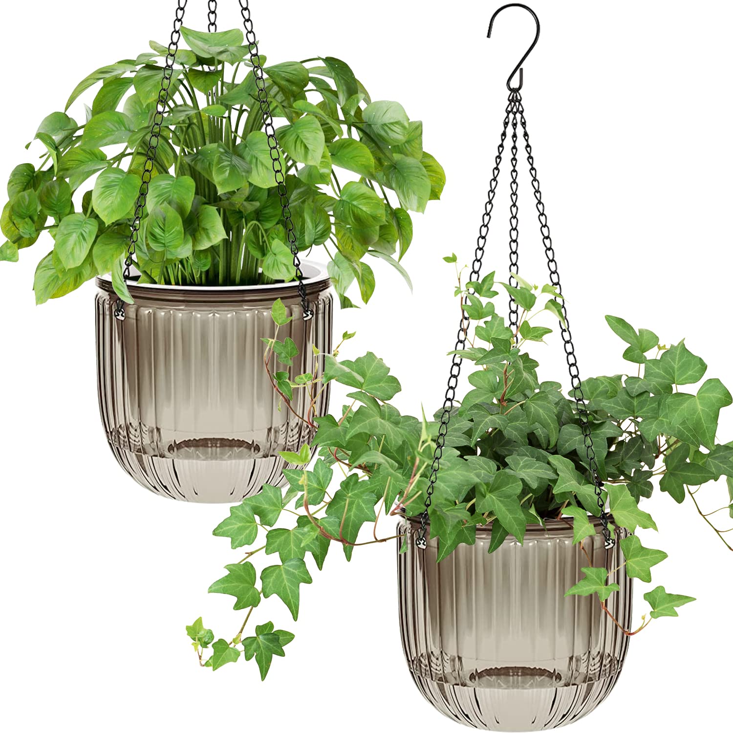 iDattel 6.5 Inch 2Pcs Self-watering hanging flower pot plants,Indoor hanging flower pots with 3Hooks drainage holes for indoor outdoor ceilings balconies wall decoration（Gray）