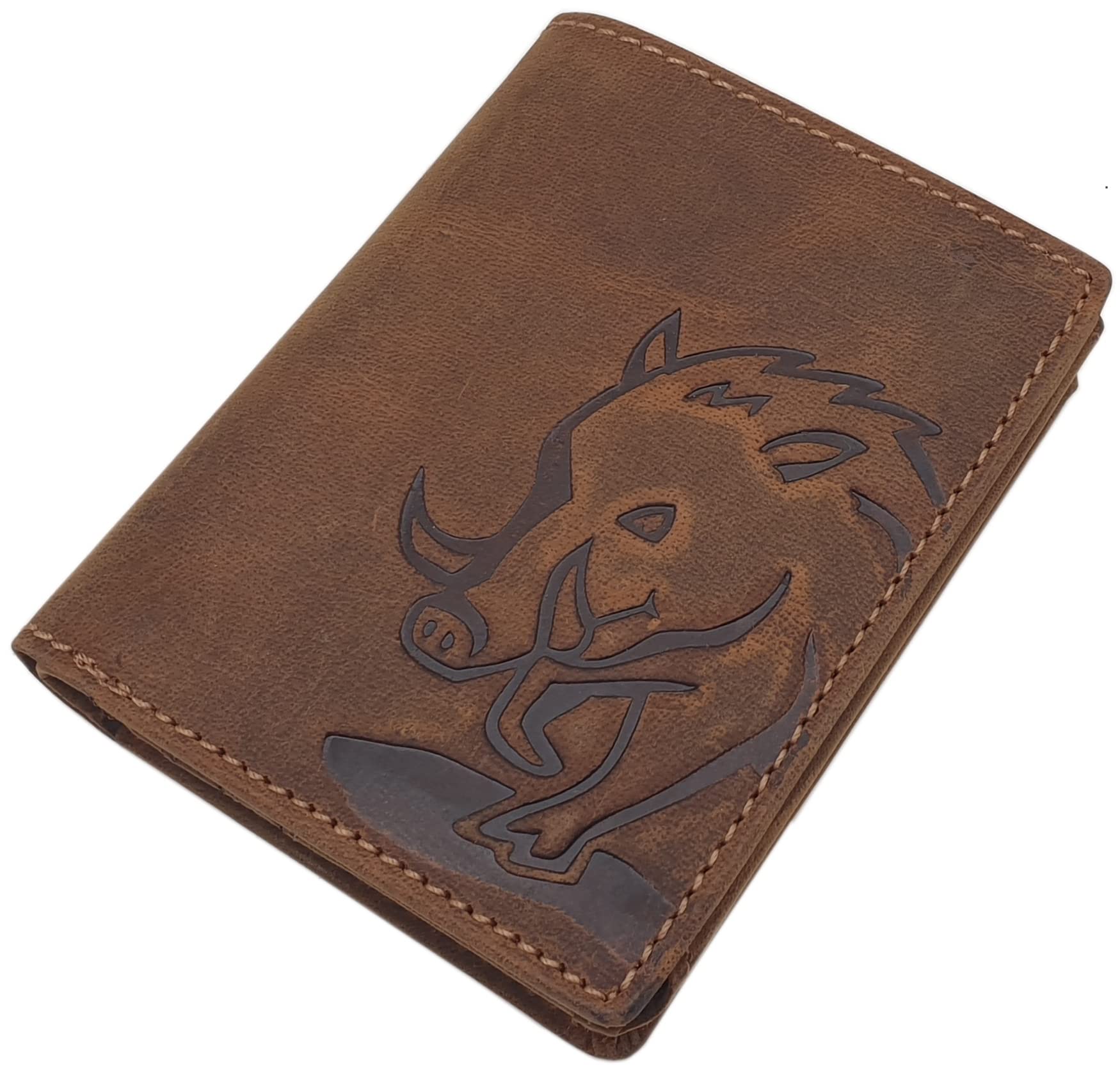 myledershop Buffalo Full Leather Wallet with Wild Boar-Motif in Portrait Format or Landscape Format with RFID & NFC Blocking in Brown (Model 1 / Portrait Format)
