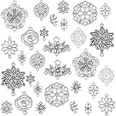 PandaHall 120PCS 15 Styles Tibetan Vintage Style Flower Charms Alloy Filigree Pendants Double Hole Jewelry Connectors for Earrings, Bracelet, Necklace - Antique Silver