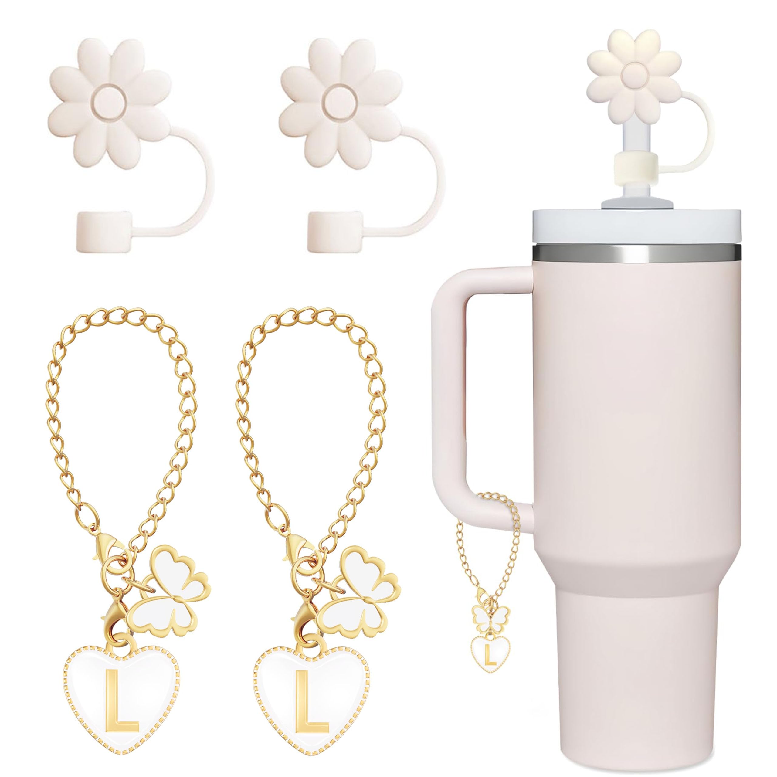 EnigmaDrops Compatible with Stanley Cup Accessories, 2PCS Butterfly Letter Charms with 2PCS 10mm Stanley Straw Cover Cap for Stanley Cup 30&40 Oz, Silicone Stanley Straw Toppers for Stanley Tumbler(L)