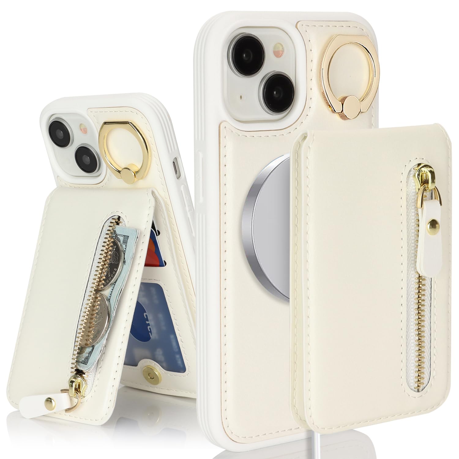 SailorTech iPhone 15 Case with Card Holder, Ring Stand Kickstand Wallet - White