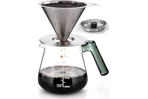 Aquach Pour Over Coffee Maker with Stainless Steel Filter & Borosilicate Glass Carafe - 28oz Drip Coffee Pot for Rich Flavor, Easy Cleanup & Dishwasher Safe Components, Ideal for Daily Use