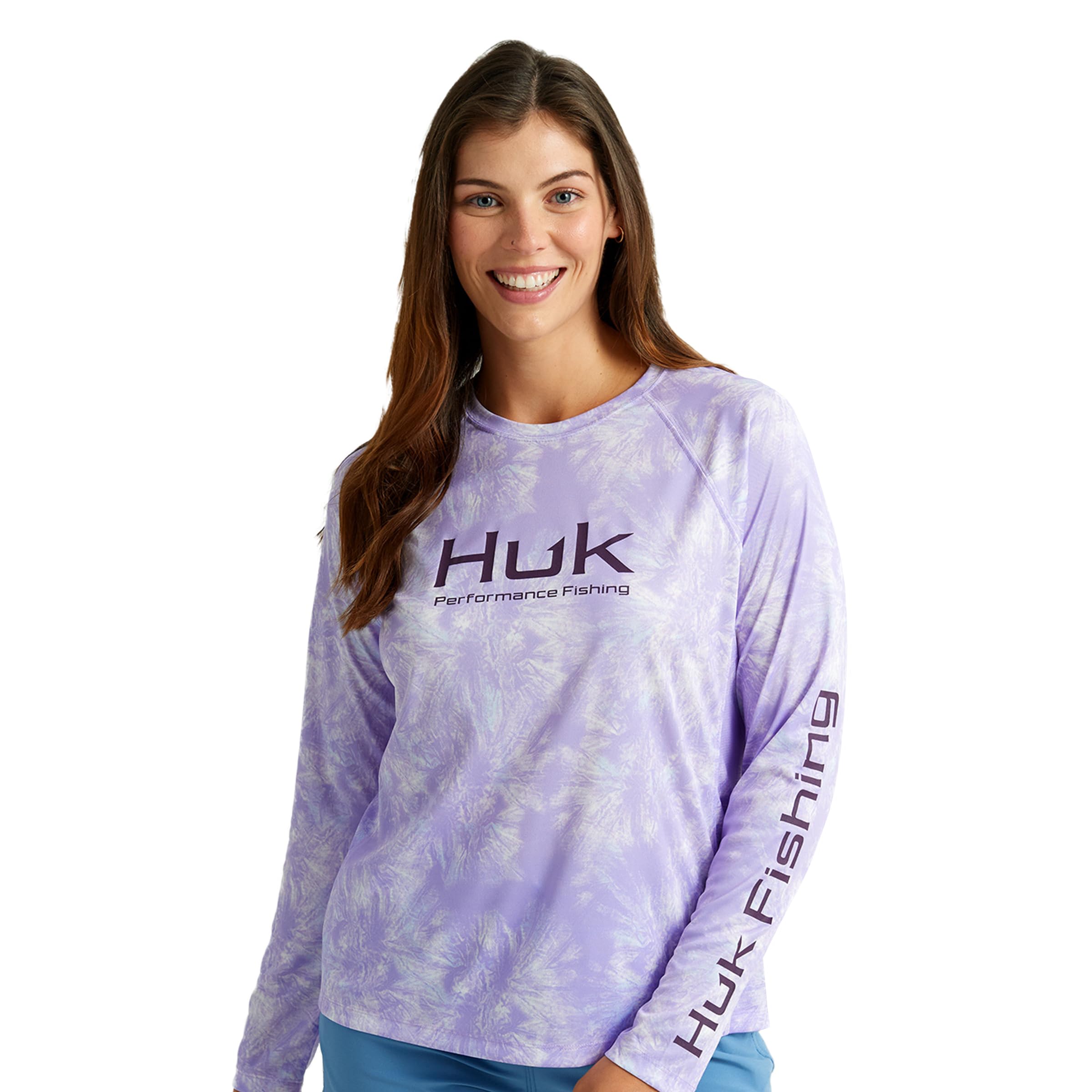 HUK Women’s Pursuit Patterned Crew Sleeve, Performance Shirt, Aqua Dye-Lavender
