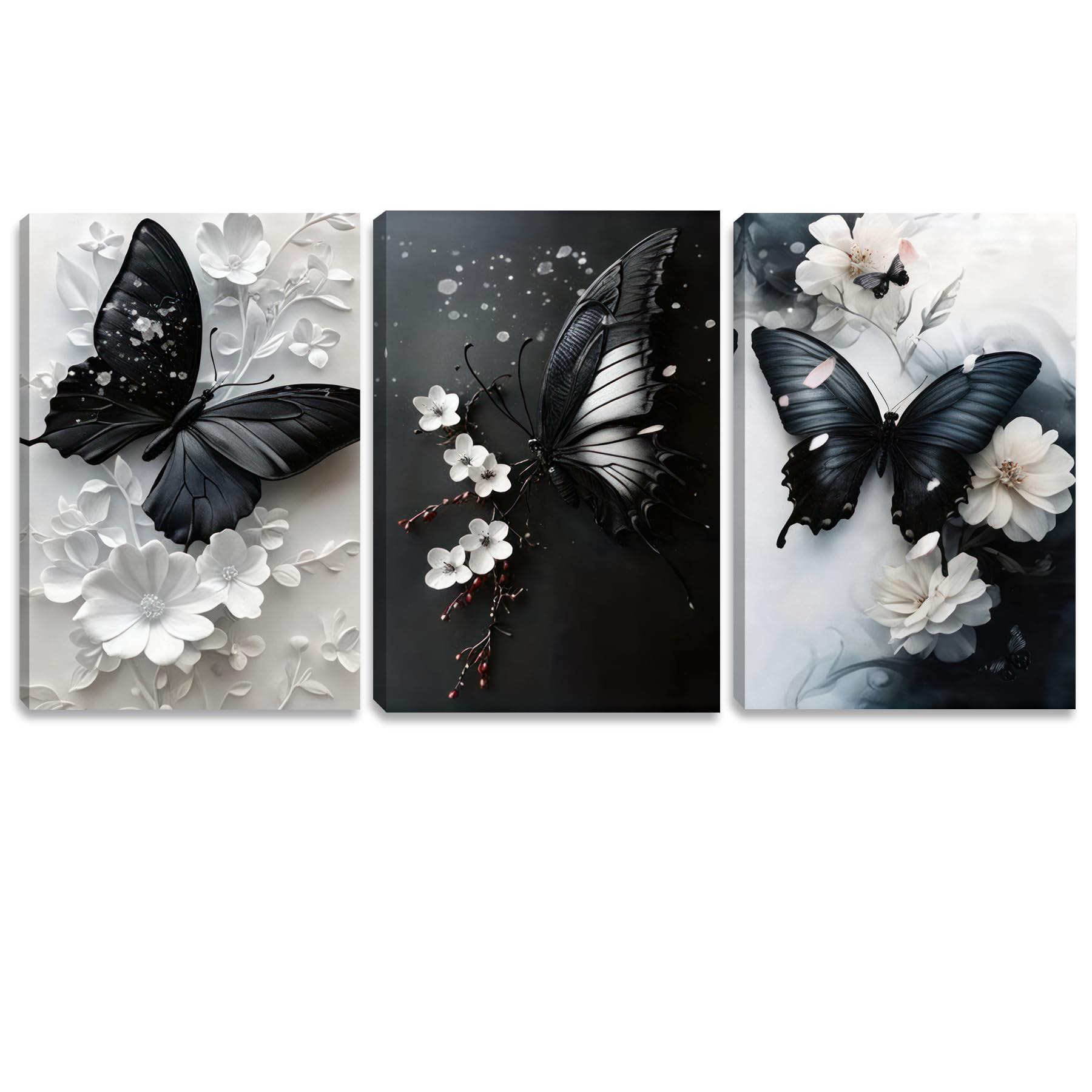 Photo 1 of 3 PCS 2D No Texture White and Black Butterfly Canvas Wall Art Flower Painting Poster Black Butterfly Wall Decor Pictures for Living Room Bathroom Bedroom Home Decoration 12*16 in ( Stretched Canvas on A Wooden Frame)