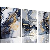 ZQARTZZQ 3 Piece Framed Wall Art Abstract Wall Decor Navy Blue and Gold Pictures Ink Wash Canvas Art Modern Minimalism Paintings Artwork For Living Room Bedroom Office12x16in