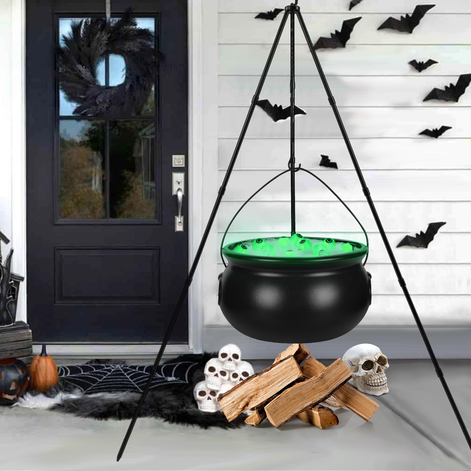 Photo 1 of Halloween Decorations Outdoor?Black Plastic Bowl Halloween Party Decoration Large Witches Cauldron on Tripod with String Lights Candy Bucket Decoration for Home Decor Porch Indoor