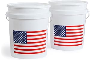 United Solutions 5 Gallon Bucket, Heavy Duty Plastic Bucket, Comfortable Handle, Perfect for on The Job, Home Improvement, or Household Cleaning, White with USA Flag, Pack of 2