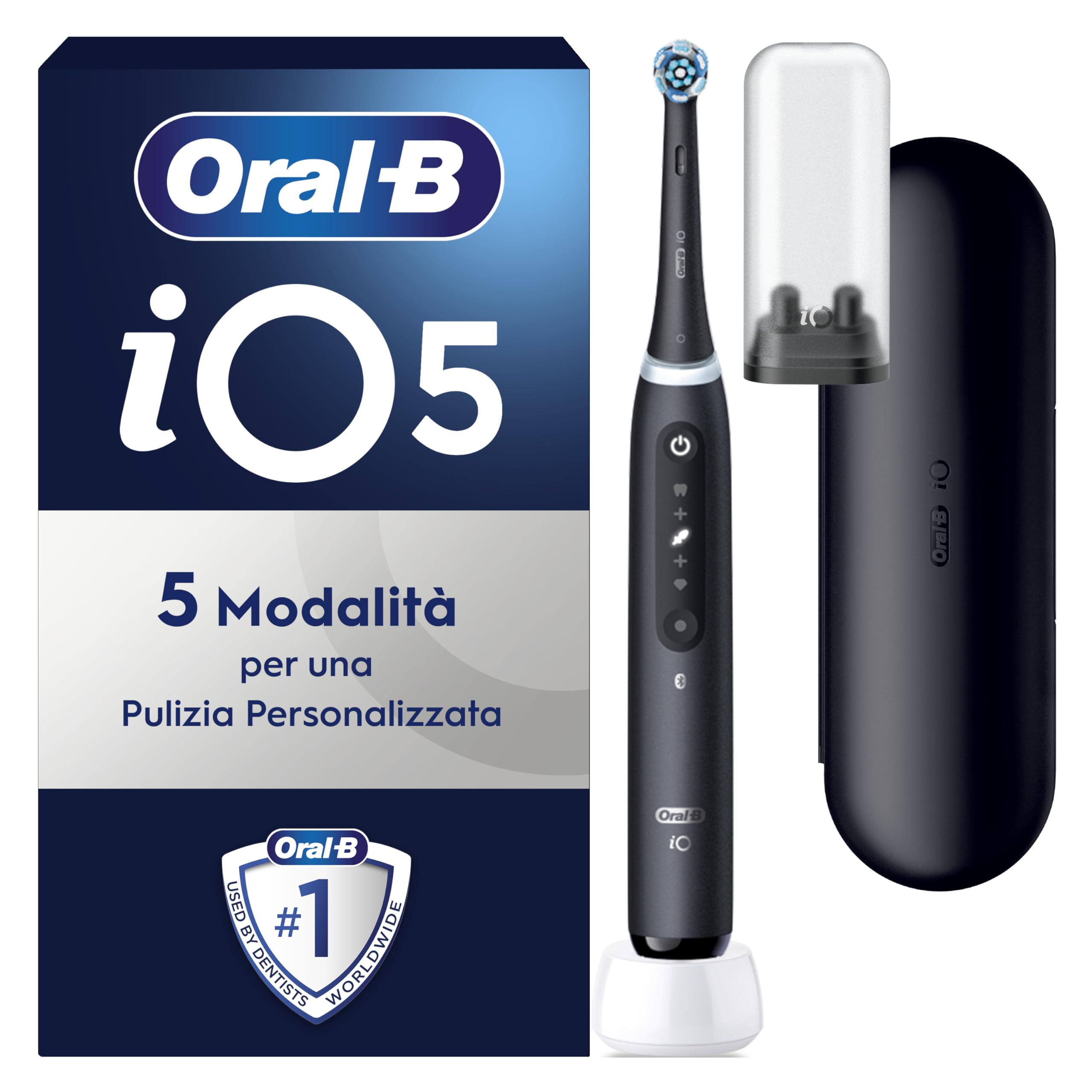 Oral-B Spazzolino Elettrico Ricaricabile iO 5N Nero, 1 Spazzolino Elettrico, 1 Testina, Custodia Da Viaggio, io 5 Per Una Pulizia Denti Efficace, Sensore di Pressione, Gengive Protette