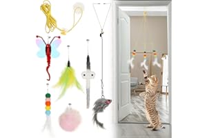EXIN DECHEN 8 Pcs Doorway Cat Toys Indoor Feather Cat Toys Door Hanger Cat Toys Interactive Hanging Cat Toys Dragonfly Little Mouse Toys Retractable Cat Teaser Toys Kitten Toys for Play, 6 Styles (Cute Style)