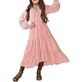 Batermoon Girls Ruffle Tierd Maxi Dresses Kids Fashion V-Neck Long Raglan Sleeves Dress Clothes 5-14 Years