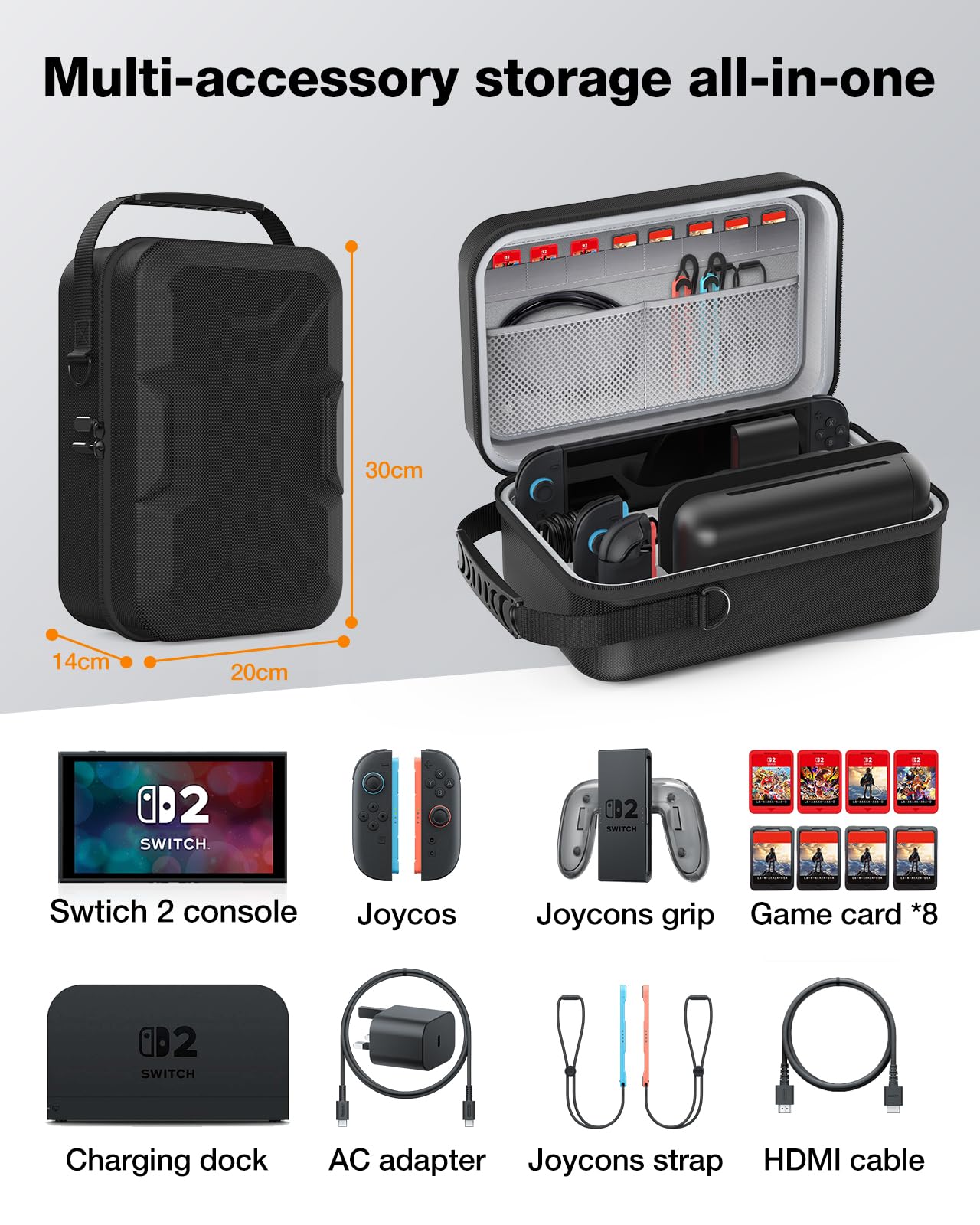 HEIYING Switch 2 Tragetasche für Nintendo Switch 2 Modell (2025), Tragbare Hartschalen Reisetasche mit vollem Schutz, entworfen, um verschiedene Switch 2 Zubehör für bequeme Reisen und Ausflüge zu spe 3