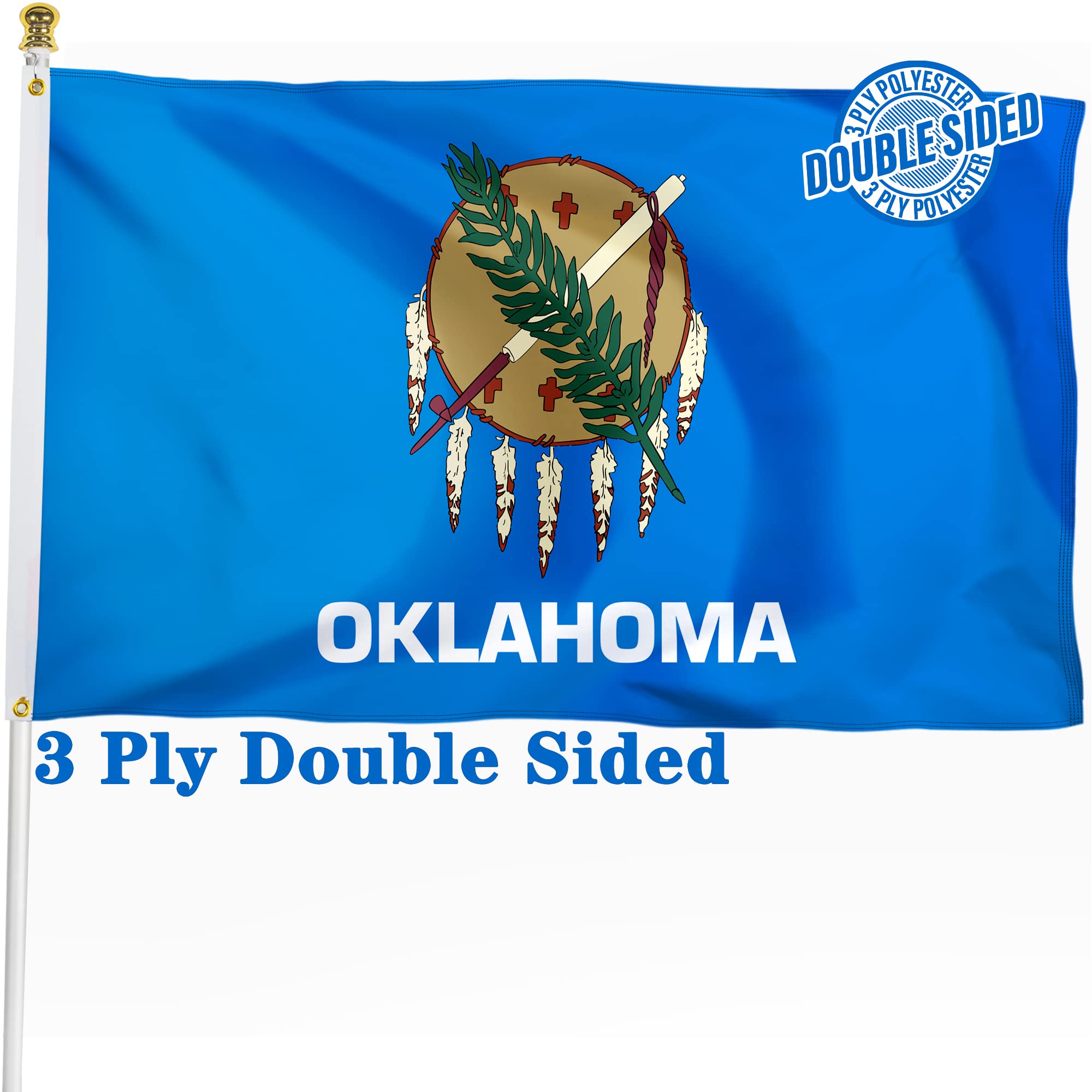 Photo 1 of XIFAN Double Sided Oklahoma State Flag 3x5 ft, Heavy Duty 3 Ply Durable Polyester, OK Flag with Vibrant Print/4 Rows Hemming/Brass Grommets for Indoor Outdoor Decor
