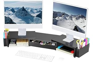 Spacrea Metal Desk Organizers and Accessories, Dual Monitor Stand Riser with Drawer and 2 Pen Holders, Desk Accessories & Workspace Desktop Organizers for Office Supplies (Black)