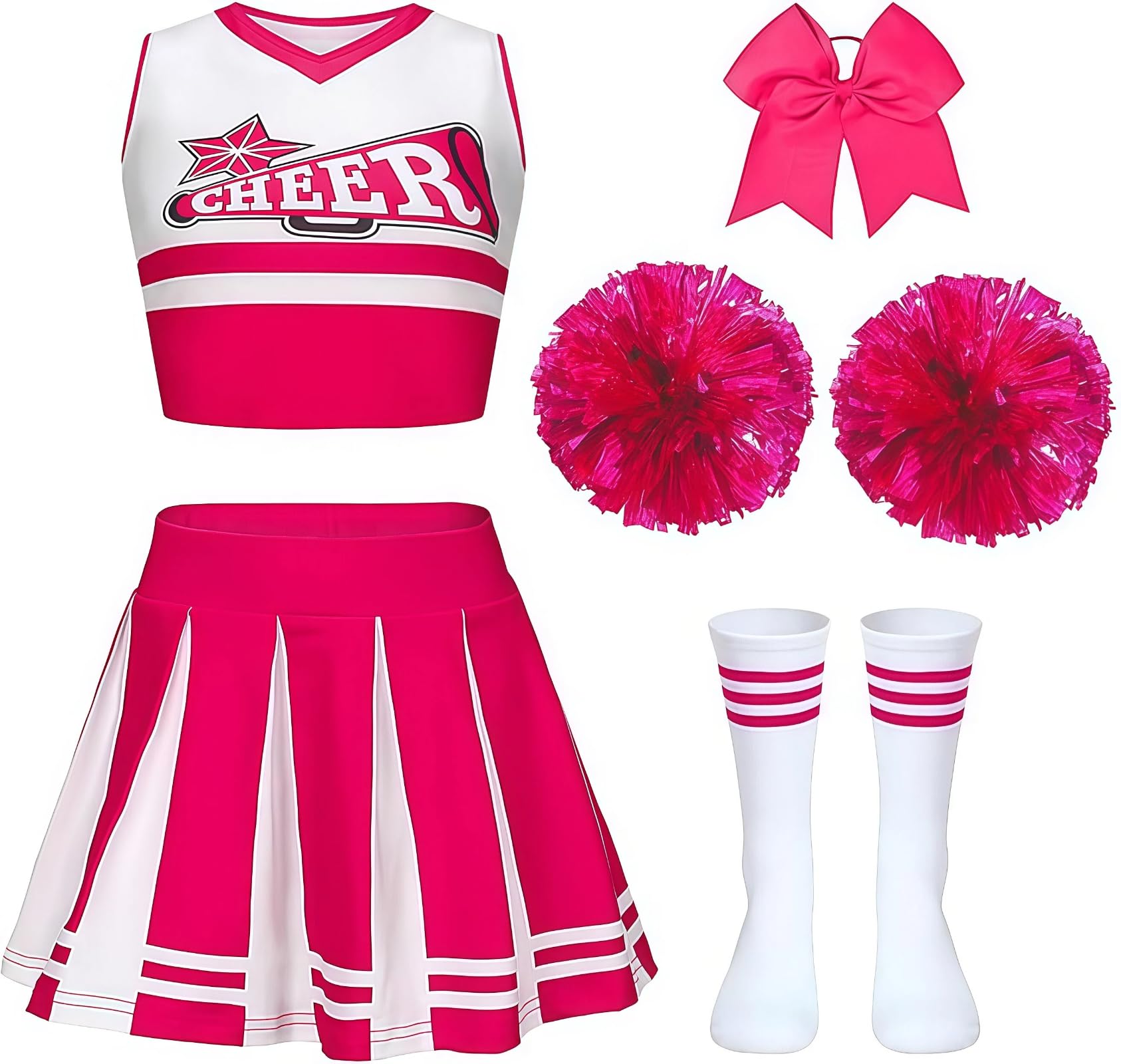 Gekyve Girls Cheerleading Costume for Kids – Cheer Uniform with Pom Poms, Socks & Hair Bow, Sleeveless Cheer Outfit for School Sports Events, Carnival, Masquerade & Halloween Dress Up