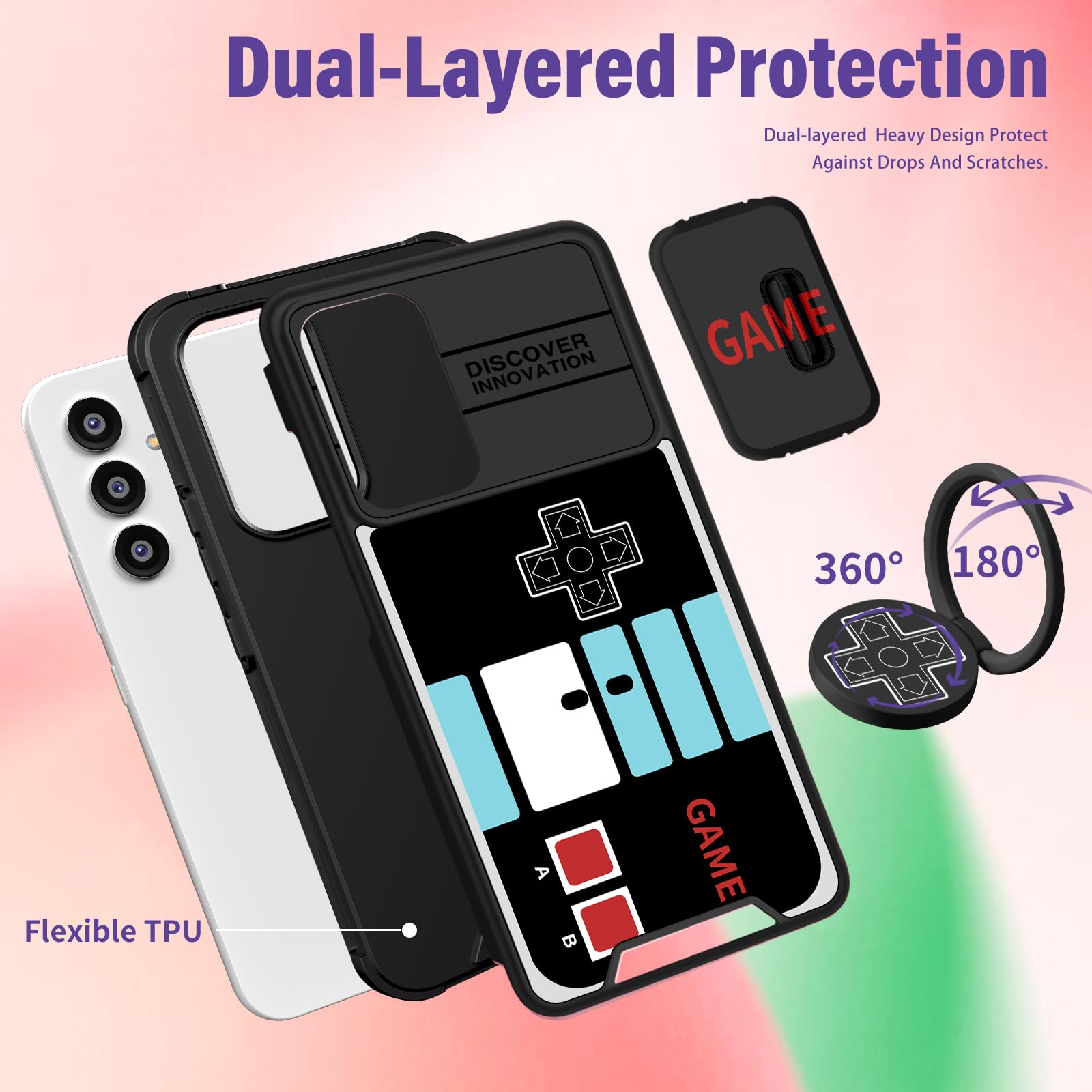 Funermei for Samsung Galaxy A54 5G Phone Case - Men Boys Cute Cover Fun Funny Cool for Teens Kids Video Game Unique Design with Camera Cover Ring Stand Funda for Samsung A54 5G Case