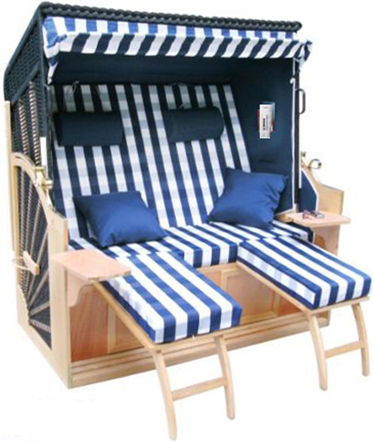 BRUBAKER 3-Person Beach Sun Lounger "Strandkorb" Model Husum Blue White - 5.25 ft Wide, Poly Rattan