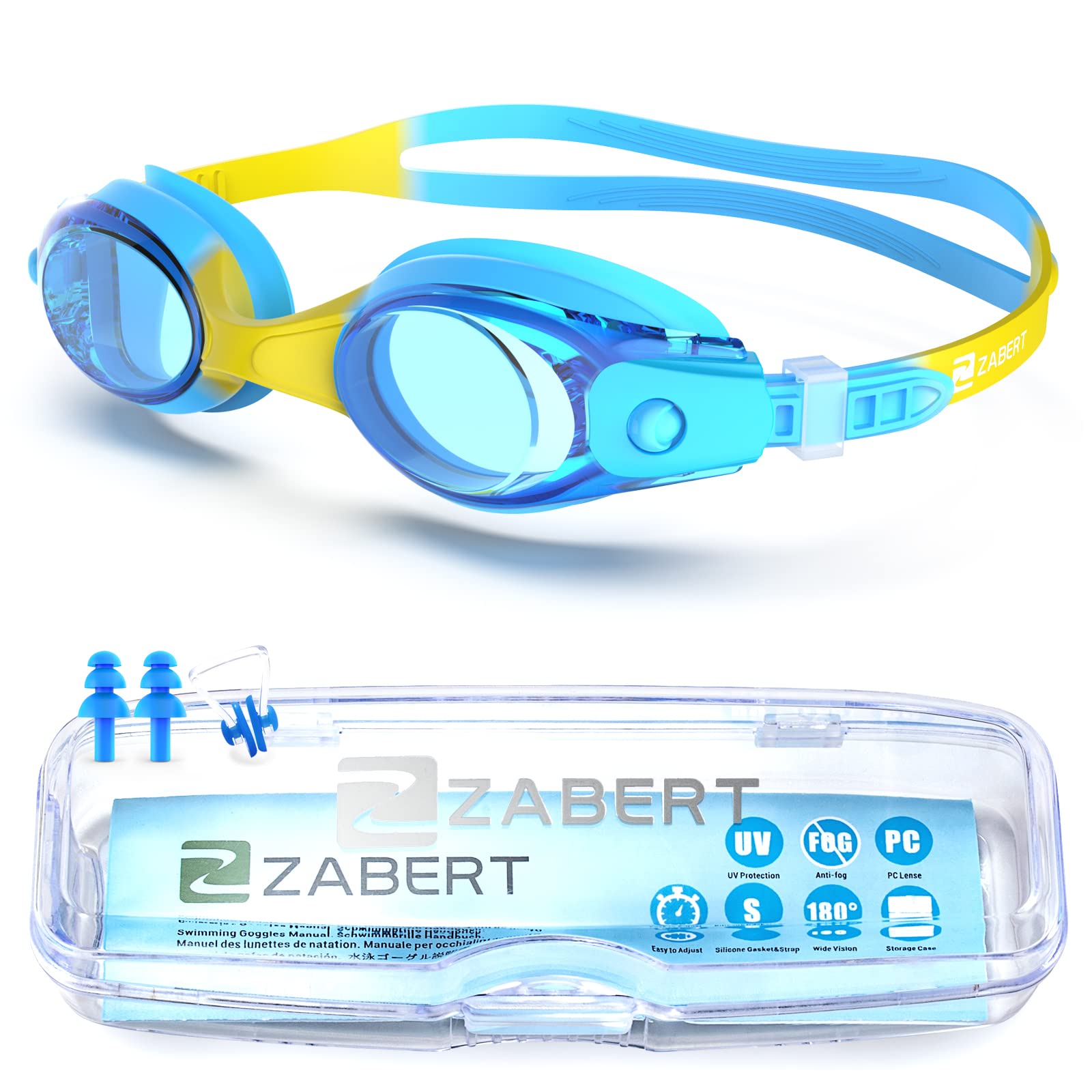 ZABERT K1 Kids Swimming Goggles For Boys Junior Childs Children Toddler Age 0-6 4-6 6-14 Years Old Swim Goggles Blue Yellow, Anti-Fog UV Protection Wide Vision Silicone