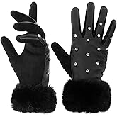 Quniko Women's Touchscreen Gloves 5-Finger sparkly Rhinestone Winter Gloves Faux Fur Cuff Plush Fleece Lined Driving Gloves
