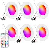 Recessed Lighting 5/6 Inch, 6Pack Color Changing LED Can Lights for Ceiling, 13W 1050LM Retrofit Recessed Lights with Baffle Trim, RGBCW Downlight Dimmable by Remote Control, Memory, Delayed Light Off