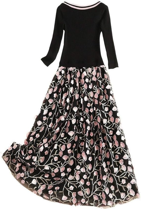 Amazon 花柄ワンピース 長袖 レディース 秋冬 おしゃれ Vネック ハイウエスト Aライン かわいい ドレープ感 花柄 ラウンドネック 切り替え ニットワンピース ワンピース チュニック 通販