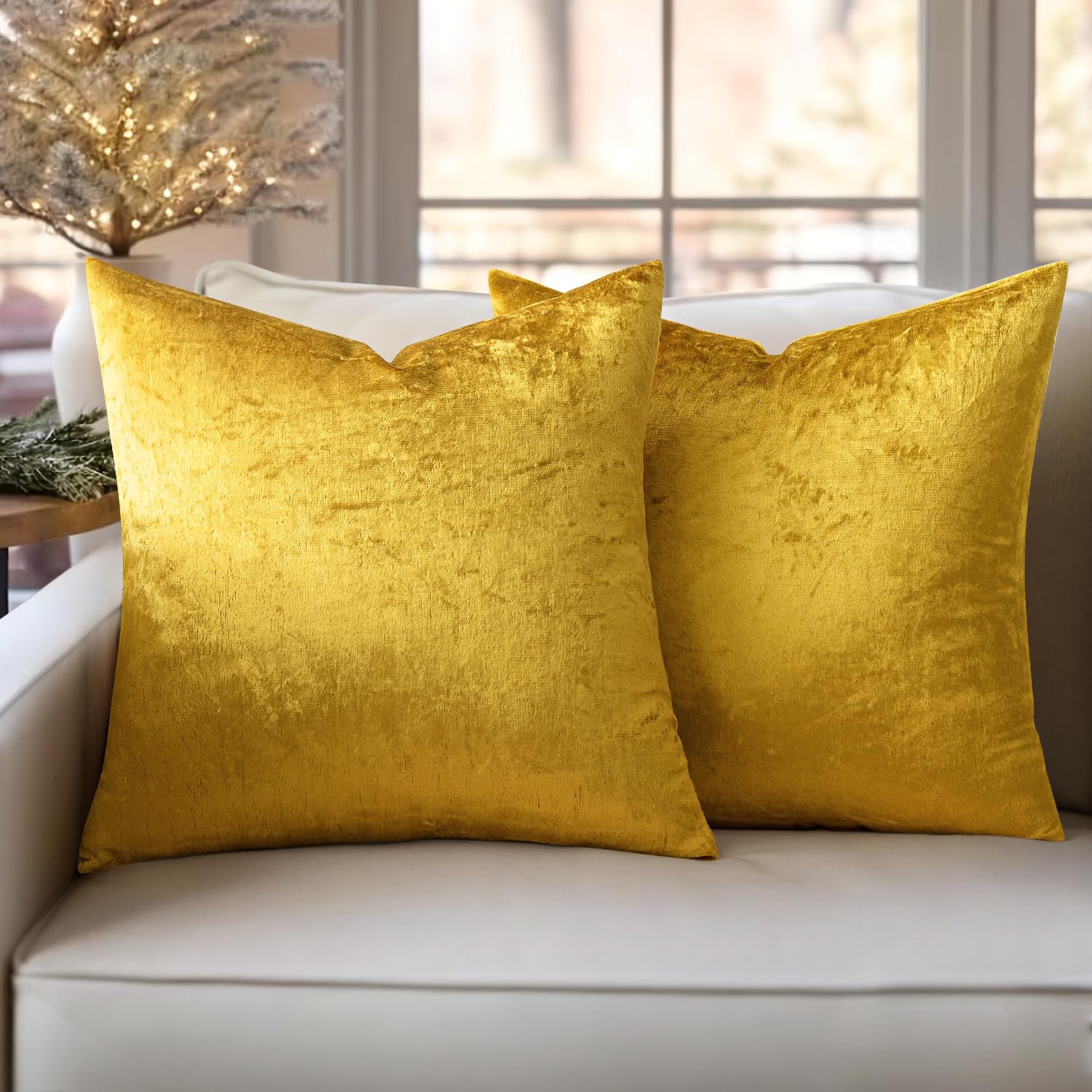 Slozzi Set of 2 Velvet Cushion Covers Home Plain Decorative Throw Pillow cases 16x16 Inch 40x40 cm Soft Square Pillow Covers for Sofa Bedroom Brilliant Gold