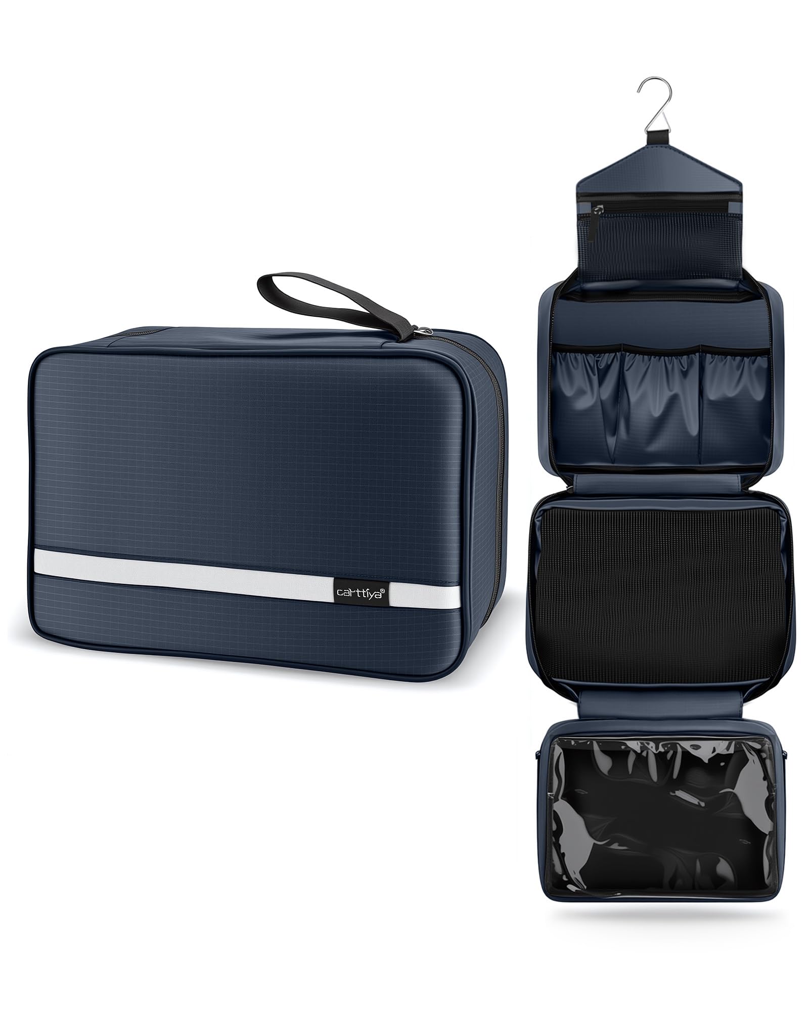 Carttiya Hanging Travel Toiletry Bag - Large Wash Bag for Men and Women, Waterproof Foldable Cosmetic Bag Make up Toiletry Bag with Hook for Business Trip, Gym, Vacation and Household (Dark Blue)