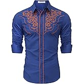 EDFTM Men's Western Cowboy Shirts Long Sleeve Button Down Embroidered Vintage Casual Hippie Shirts