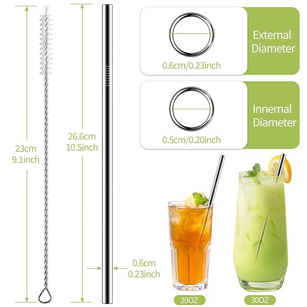 SET OF 10 STAINLESS STEEL STRAWS, HUAQI STRAIGHT REUSABLE STRAIGHT DRINKING STRAWS 10.5” LONG 0.24‘’ DIA FOR 30 OZ TUMBLER AND 20 OZ TUMBLER, 2 CLEANING BRUSH INCLUDED