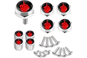 Dsycar Rustproof Chrome License Plate Screws Fastener Kits Skull Finger License Plate Frame Screws for Fastening License Plates, Frames and Covers & Bonus 4 Valve Stem Caps (Red Skull Finger/Silver)