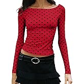 Women Y2K Long Sleeve T-Shirt Vintage Polka Dot Boat Neck Slim Fit Crop Top Spring Fall Going Out Tops Blouse Shirt