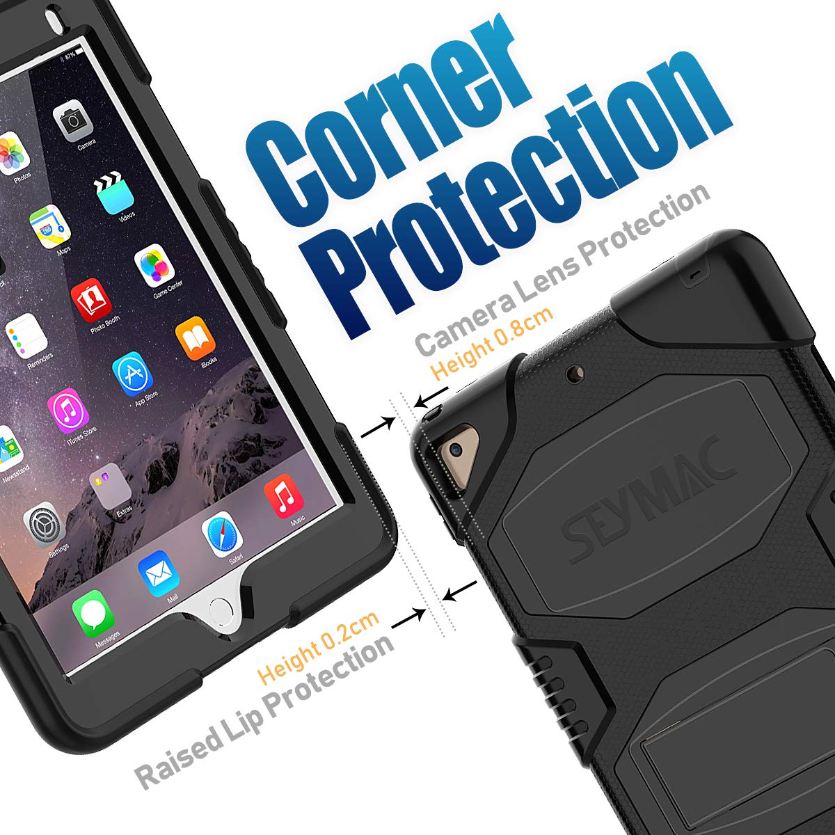 SEYMAC Case for iPad 9.7 5th/6th Generation, Heavy Duty Shockproof Rugged Protective Case with Built-in Kickstand for New iPad 9.7 inch 2018/2017 Generation &Air 2&Pro 9.7 inch(Black)