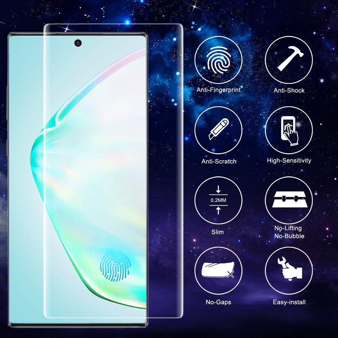 Maxaka Galaxy Note10 Plus Screen Protector Temper Glass, 0.2mm 3D Edge Liquid Dispersion Tech Adhesive Repair Function, (No UV Lamp&Tray)Backup Replacement Pack for Samsung Note10P 5G N10+, 1Pc Glass