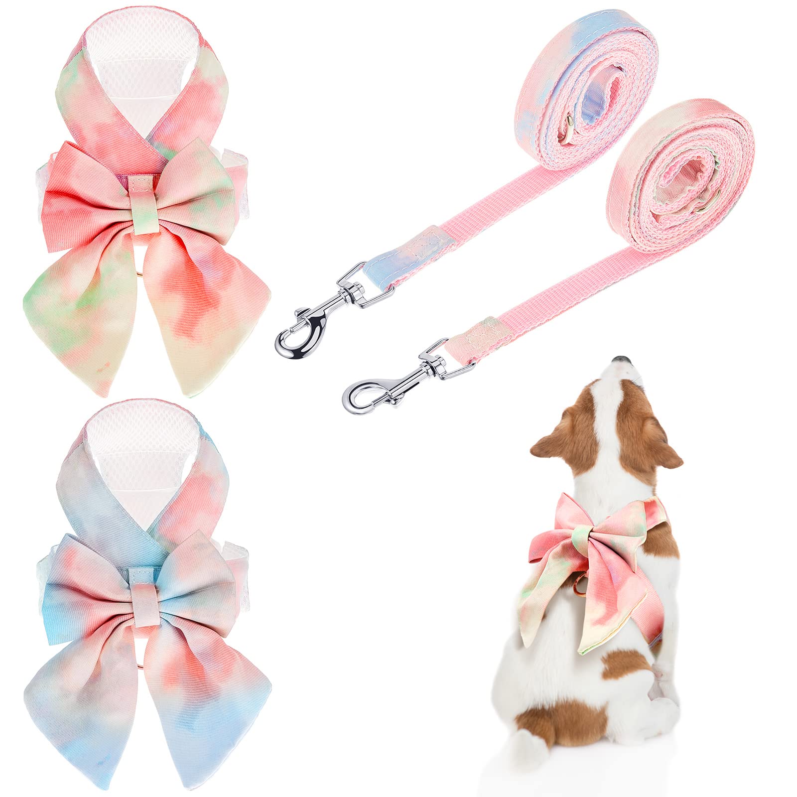 Photo 1 of 2 Sets Bow Tie Small Dog Harness and Leash Set Cute Dog Puppy Harness Adjustable Soft Mesh Dog Vest for Puppies Cat Pet Walking Training