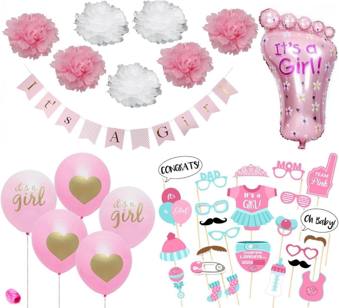 Baby Shower Decorations for Girl Pink and Gold, Baby Shower Photo Booth Props for Girl, Baby Shower Banner, Its a Girl Heart Balloons, Favors Flowers Pom Poms, Foot Balloon, Ribbon Roll, Pink & Gold
