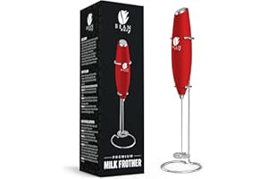 Bean Envy Milk Frother for Coffee - Handheld, Mini Electric Drink Mixer, Foamer & Frother with Stand for Coffee, Lattes, Hot Chocolates and Shakes - Red