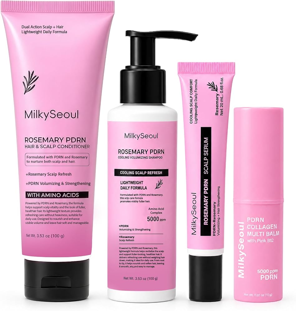 Rosemary PDRN Hair Care Set with PDRN Pink Collagen Stick, 4-Piece Shampoo Conditioner Cooling Scalp Serum & Moisturizing Bal