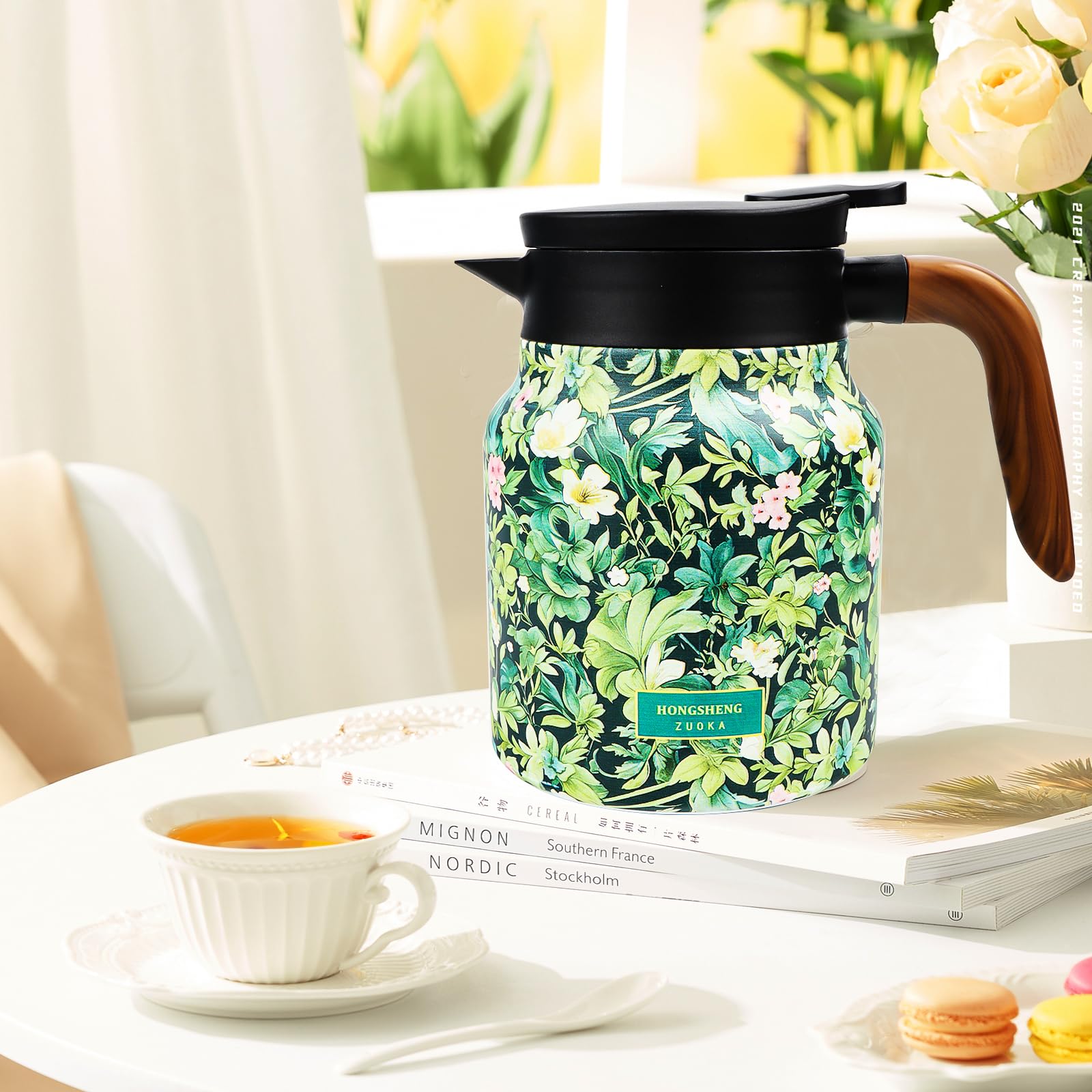 Wasserkessel Thermoskanne Mit Vintage Blumenmuster, 1000 Ml Isolierter Teekessel, Edelstahl Teekessel, Kessel aus Edelstahl, Emaillekessel, Isolierte Vintage Teekanne, Blumen Teekanne 5