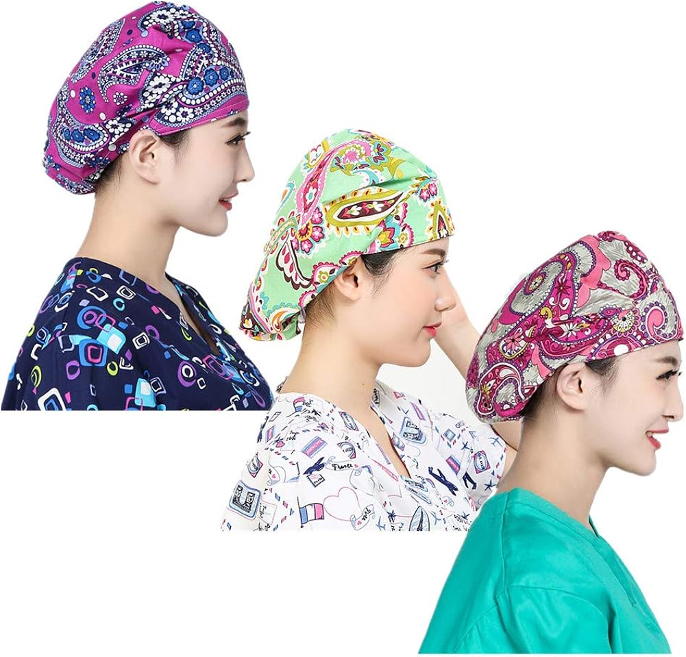LTifree 3pc Women's Adjustable Bouffant Caps Hats Working Cap Sweatband Value Set Multi Color: Clothing