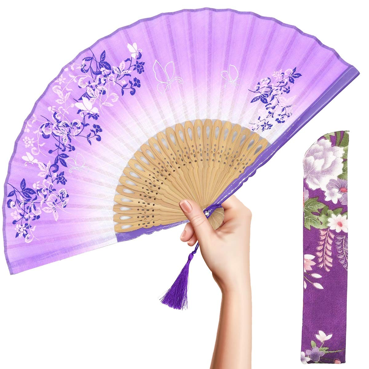OMyTea "Morning Glory Folding Hand Held Fan for Women - Chinese/Japanese Vintage Retro Style - With a Fabric Sleeve for Protection (Purple)