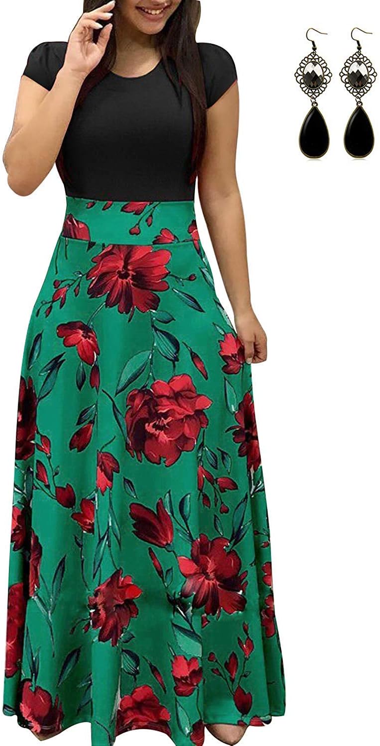 UUAISSO Women Summer Dress Maxi Boho Short Sleeve Elegant Loose Casual Dresses Beach Long Sundress