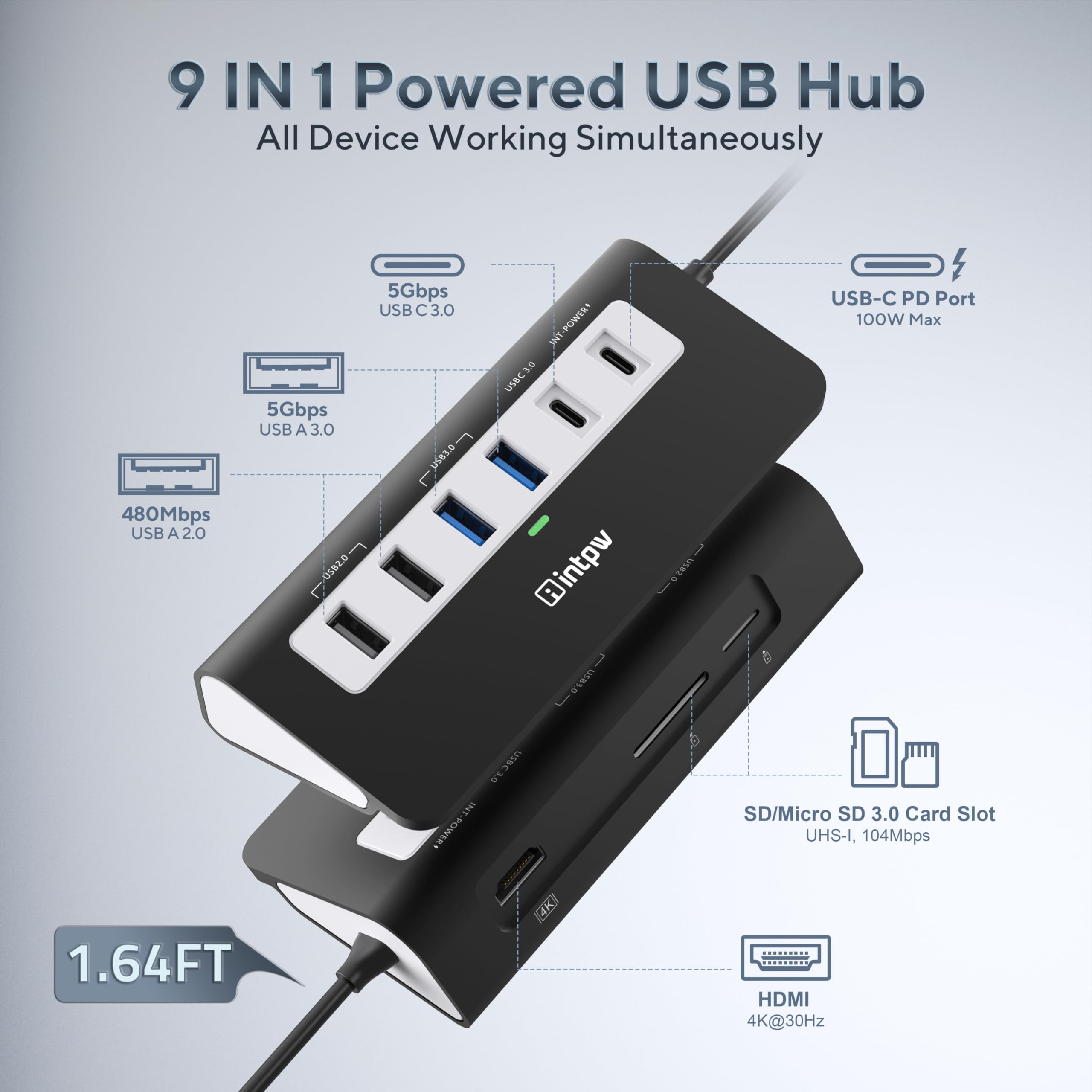Intpw USB Hub, 9-in-1 USB C Hub Multiport Adapter mit 4K HDMI, PD 100W, USB-C und 2 USB A 3.0 5Gbps, 2 USB A 2.0, SD/TF Slot, Schwarz Docking Station für MacBook Air/Pro iPad Typ C Tablet 2