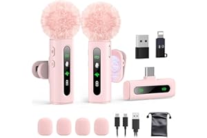 Wireless Lavalier Microphone for iPhone, Android Phones, Tablet, PC, 2-Pack USB-C Mini Microphone with Magnetic Clip & Noise 