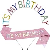 'IT'S MY BIRTHDAY' Sash Crowns Set for Girls,Pink Sash Rainbow Tiara for Women,Rhinestone Headbands for Queen,Princess Sweet Happy Birthday Party Gifts