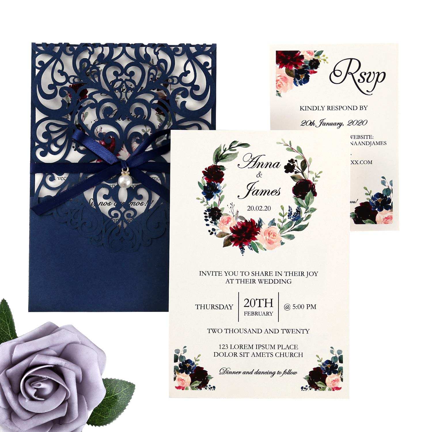 Photo 1 of DreamBuilt 5X7.2 Inch 50PCS Blank Laser Cut Navy Blue Wedding Invitations With Rsvp Cards And Envelopes And Ribbon Belly Band Pearl Embellishments Wedding Invitation Cards For Wedding Invite