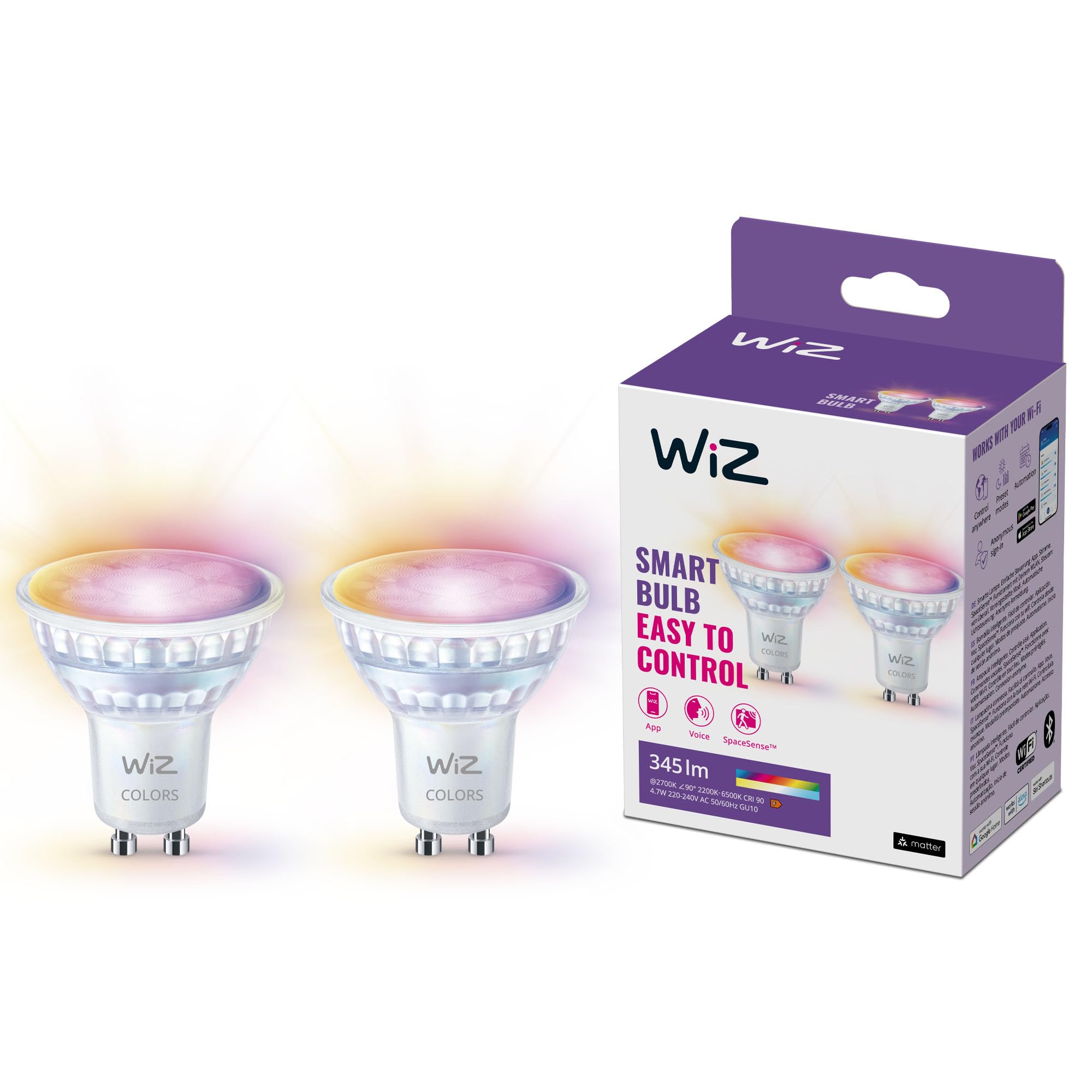 WiZ GU10 Smart LED Glass Bulb – Smart Connected WiFi Works with Alexa,Google Assistant & HomeKit, Dynamic Scenes on App Including Relax Mode, Music sync for Bedroom, Kitchen, TV, Party, 2 Pack, 50W — image 1