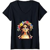 Womens Cute De Los Muertos festival Sugar Skull orange blue flowers V-Neck T-Shirt